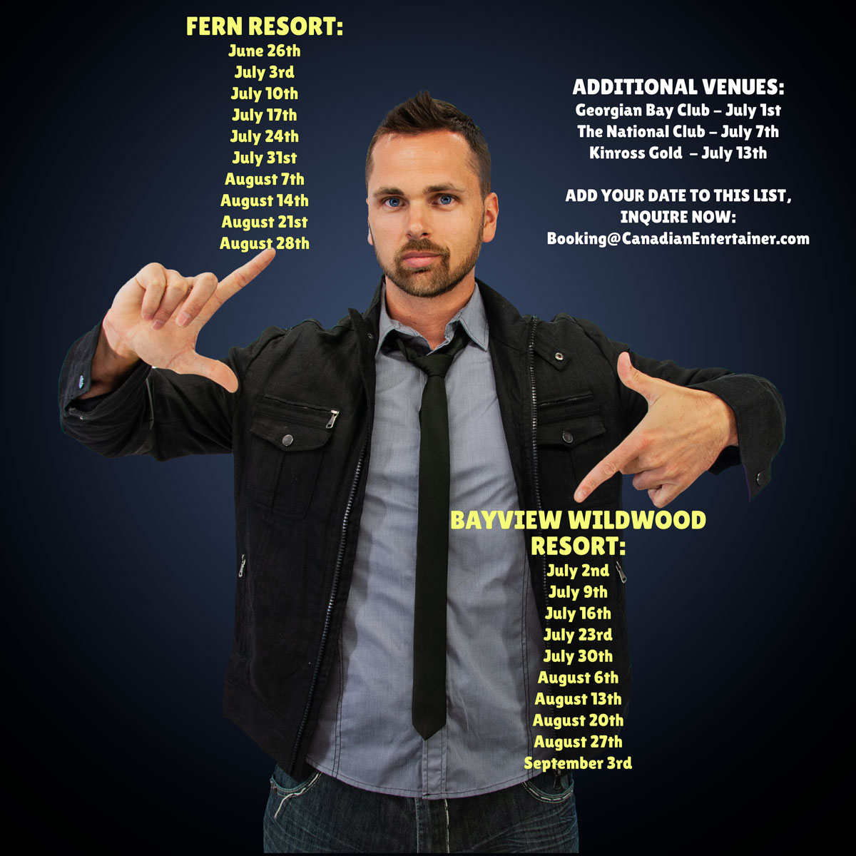 This is a promotional image depicting one of the best magicians for hire in Toronto, Aaron Paterson who will be performing at the following dates and venues throughtout the summer 2023