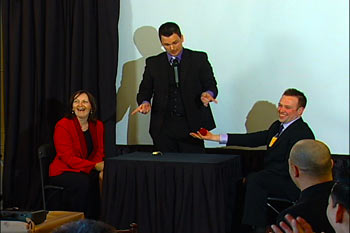 Aaron makes audience volunteers laugh hysterically.