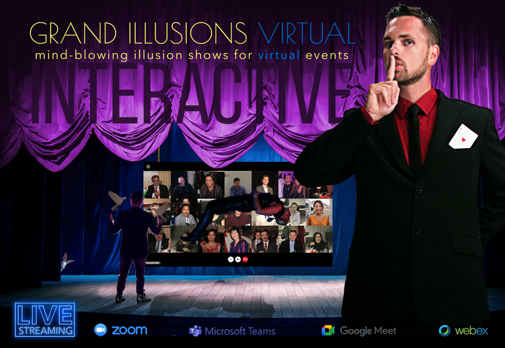 This is a promotional photo for Grand Illusions Zoom Virtual Magic Show, a virtual corporate magic and illusion show starring Toronto, Canada,  magician and illusionist, Aaron Paterson