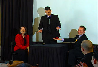 Ontario keynote speaker, Aaron Paterson makes audience volunteers laugh hysterically.
