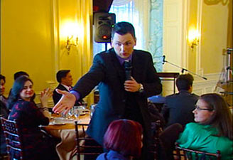 Aaron picks a volunteer from the audience while presenting as a Keynote Presenter in Ontario.