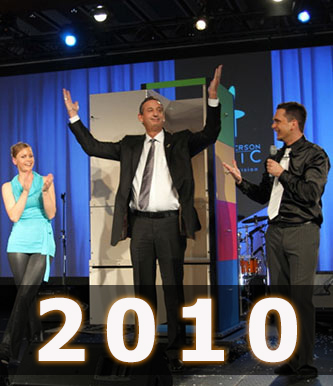 A throwback photo of of magician Aaron Paterson making the then national president of the UFCW appear on stage in Toronto
